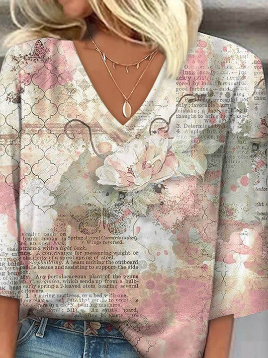 Loose Plus Size Flower Print Letter Print V-Neck T-Shirts Tops