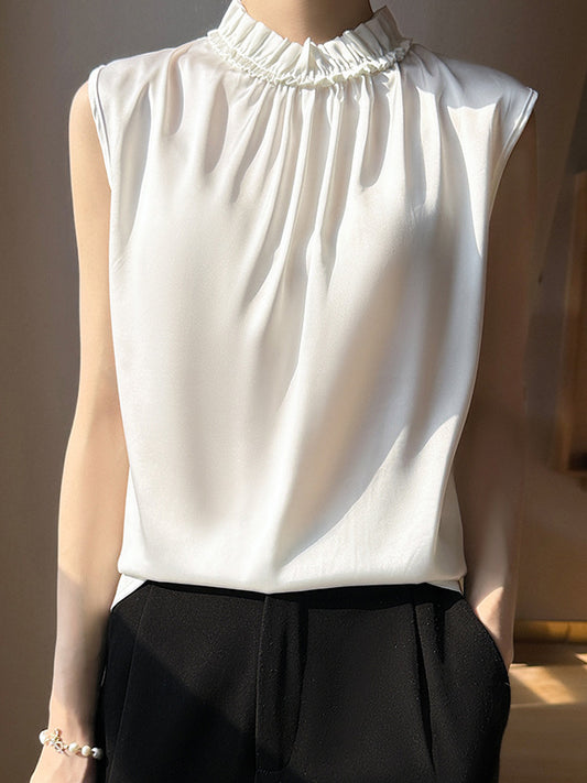 Loose Sleeveless Pleated Ruffle Trim Solid Color Stand Collar Vest Top