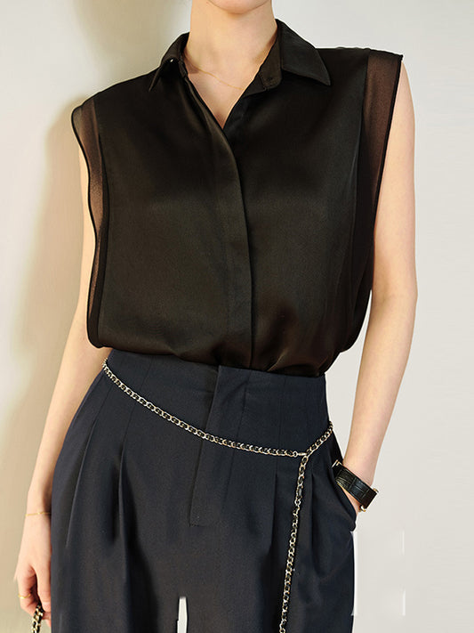 Loose Sleeveless Buttoned Solid Color Split-Joint Lapel Blouses&Shirts Tops
