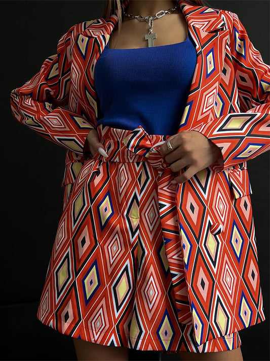 Long Sleeves Loose Buttoned Pockets Printed Notched Collar Blazer Top + Shorts Bottom Two Pieces Set