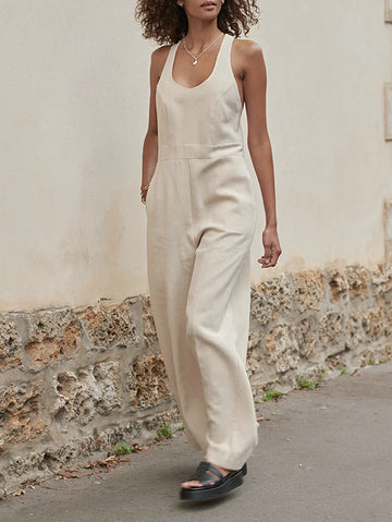Sleeveless Wide Leg Solid Color Round-Neck Jumpsuits