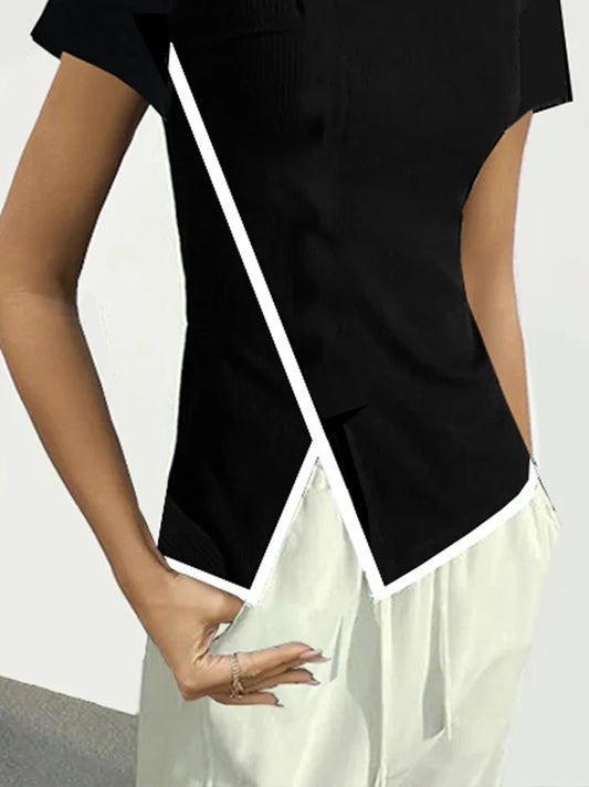 Short Sleeves Skinny Asymmetric Contrast Color Split-Front Round-Neck T-Shirts Tops