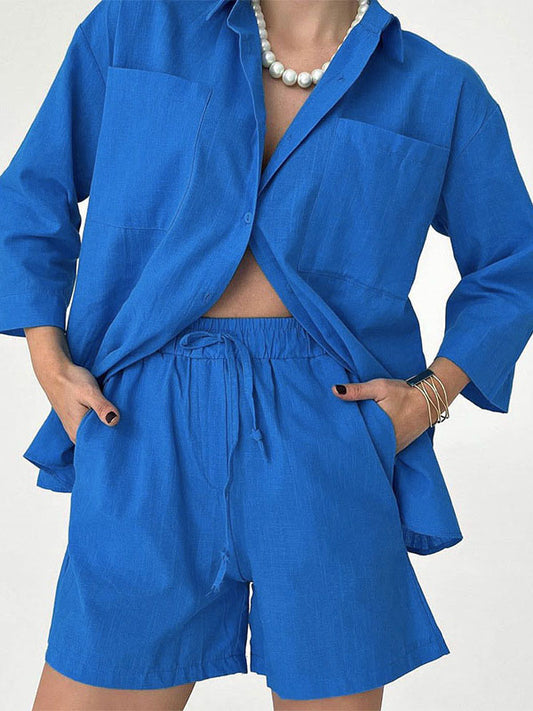 Long Sleeves Loose Drawstring Elasticity High-Waisted Solid Color Split-Joint Lapel Two Pieces Set