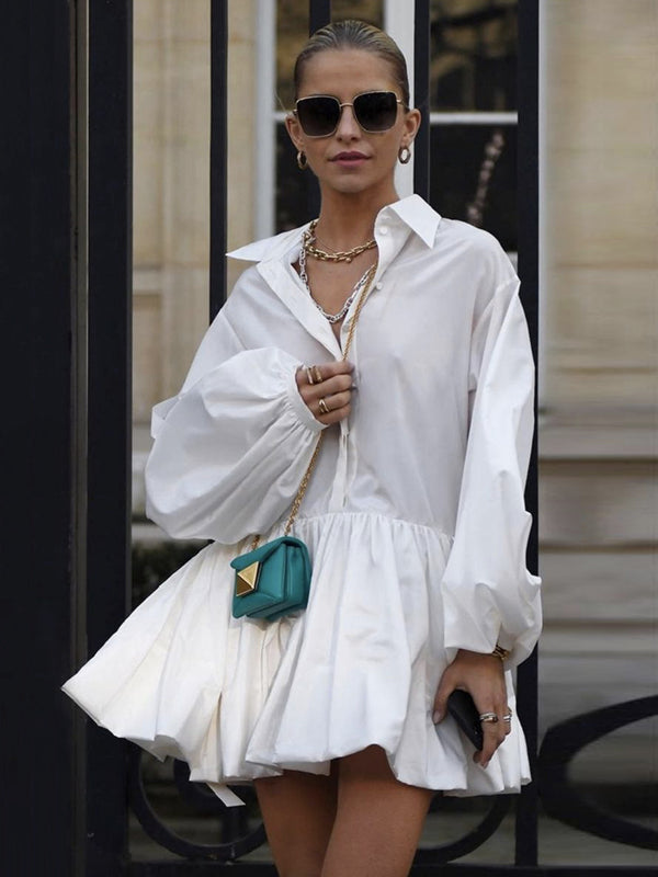 Urban Puff Sleeves Buttoned Split-Joint Solid Color Lapel Mini Dresses