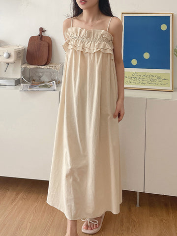 Loose Sleeveless Elasticity Pleated Ruffled Solid Color Spaghetti-Neck Midi Dresses Pajama Dress