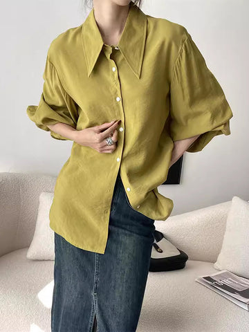 Loose Puff Sleeves Pleated Split-Joint Sun Protection Lapel Blouses