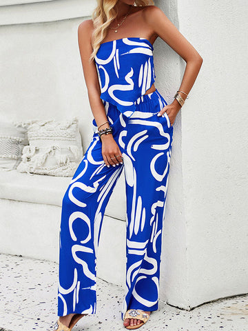 Sleeveless Printed Tied Tube Top + Wide Leg Elasticity Pockets Pants Bottom Two Pieces Set