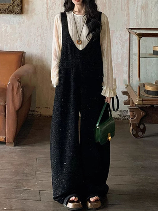 Loose Sleeveless Pockets Solid Color Collarless Overalls