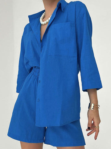 Long Sleeves Loose Drawstring Elasticity High-Waisted Solid Color Split-Joint Lapel Two Pieces Set