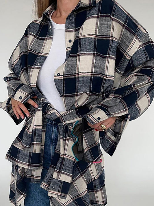 Long Sleeves Loose Plaid Split-Joint Lapel Blouses&Shirts Tops