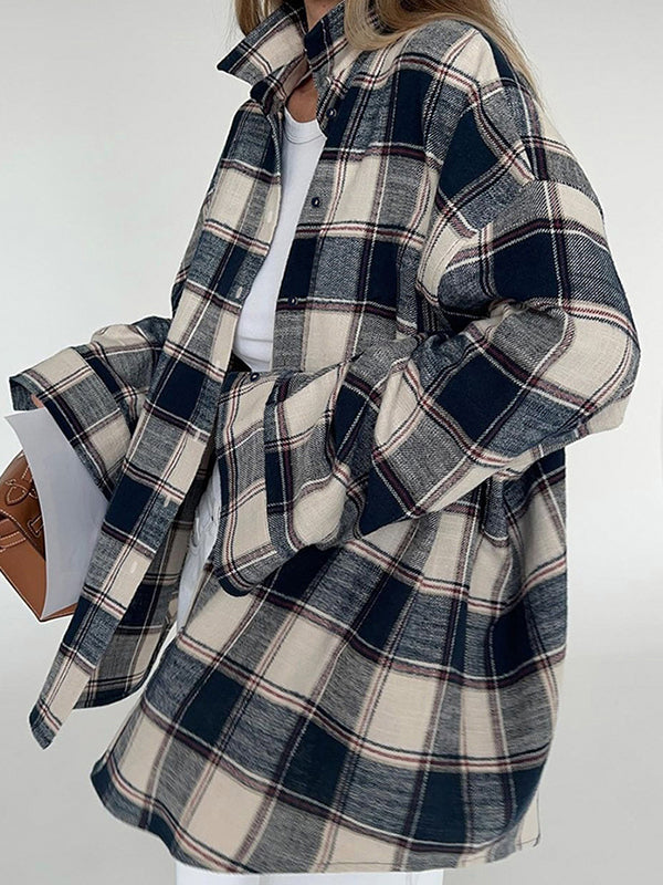 Long Sleeves Loose Plaid Split-Joint Lapel Blouses&Shirts Tops