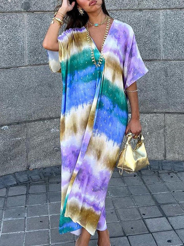 Loose Raglan Sleeve Printed V-neck Maxi Dresses