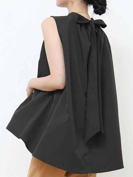 High-low Loose Lace-Up Pleated Solid Color Split-Joint Streamer Stand Collar Vest Top