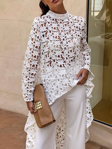 High-Low Long Sleeves Hollow See-Through Solid Color Stand Collar Blouses&Shirts Tops