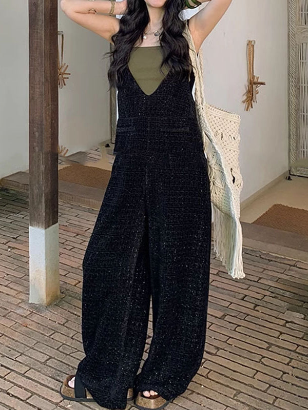 Loose Sleeveless Pockets Solid Color Collarless Overalls