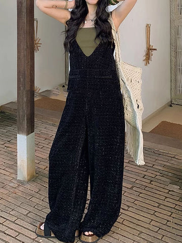 Loose Sleeveless Pockets Solid Color Collarless Overalls