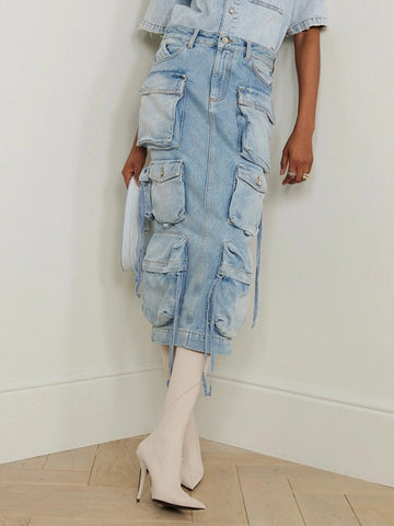 High Waisted Loose Buckle Split-Back Split-Joint Streamer Zipper Skirts