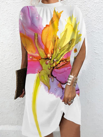 Loose Sleeveless Contrast Color Flower Print Stand Collar Mini Dresses