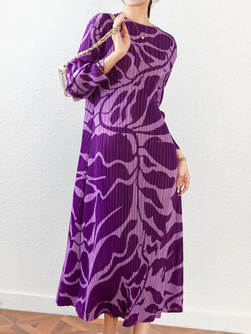 Fashion Floral Printed Pleated Long Sleeves Midi Dress