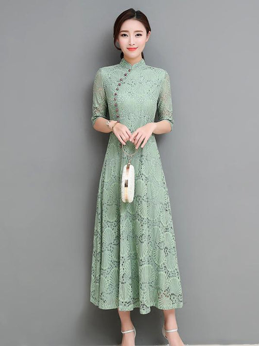 Red&Green Lace A-line Long Cheongsam Ao Dai