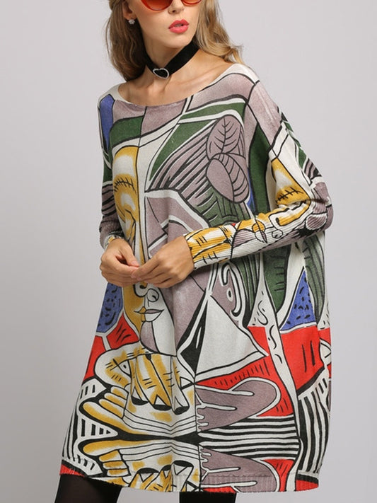 Long Sleeves Loose Figure Printed Boat Neck Knitwear