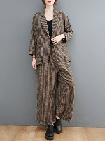 Vintage Ramie Cotton Notched Collar One Button Suits+Column Pants 2 Pieces Set