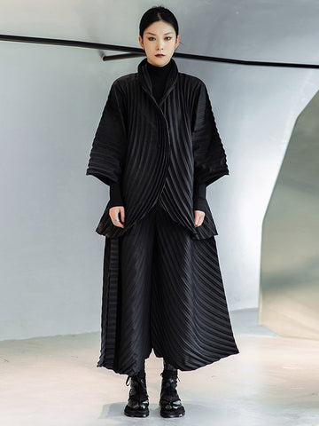 Urban Solid Color Pleated Outerwear&Pants Two Pieces Set
