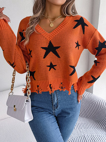 Long Sleeves Loose Contrast Color Fringed Split-Joint V-Neck Sweater Tops