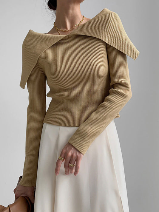 Long Sleeves Skinny Solid Color Lapel Knitted Hats Pullovers Sweater Tops