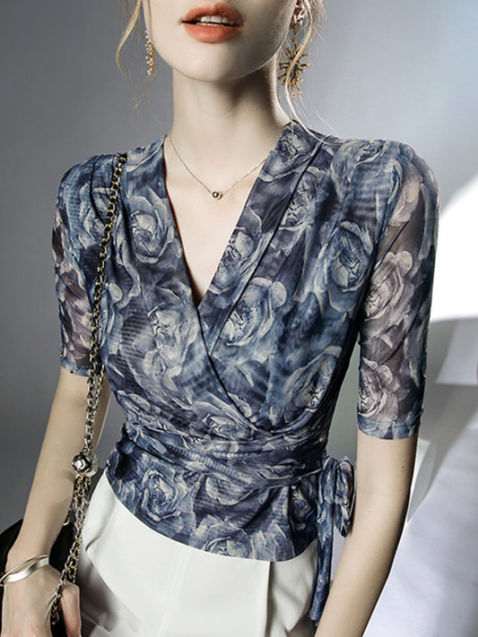 Half Sleeves Plus Size Flower Print Mesh Tied V-Neck Blouses&Shirts Tops