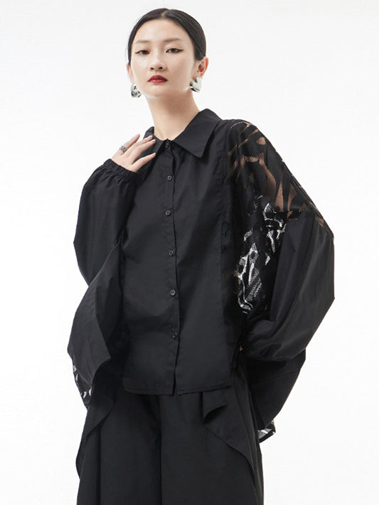 Urban See-Through Lace Split-Joint Lapel Blouse