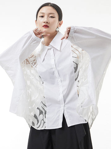 Urban See-Through Lace Split-Joint Lapel Blouse
