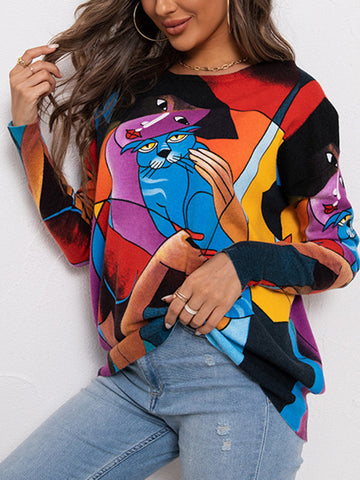 Long Sleeves Loose Animal Printed Figure Round-Neck Knitwear Pullovers Sweater Tops