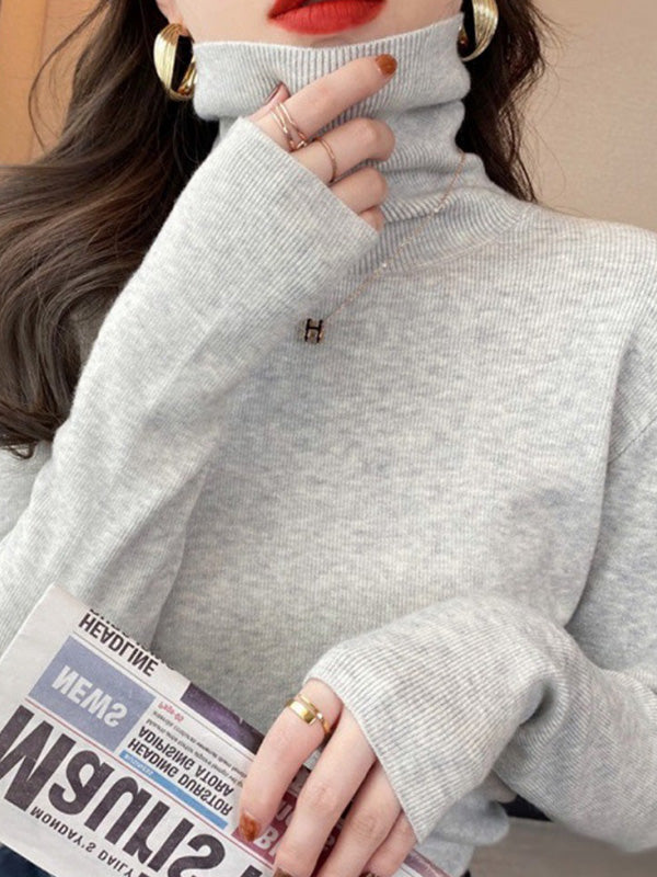 Simple Skinny Long Sleeves Solid Color High-Neck Pullovers