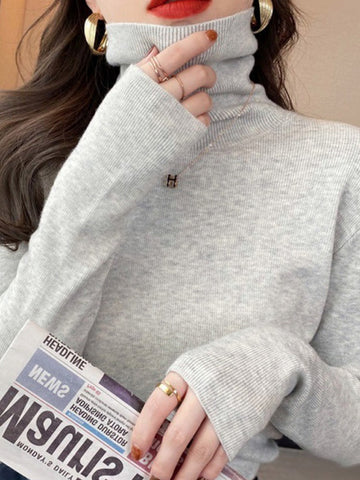Simple Skinny Long Sleeves Solid Color High-Neck Pullovers