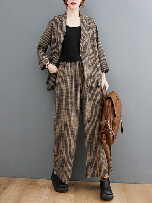 Vintage Ramie Cotton Notched Collar One Button Suits+Column Pants 2 Pieces Set