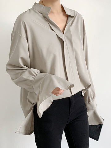 Flared Sleeves High-Low Buttoned Solid Color Split-Side V-Neck Blouses&Shirts Tops